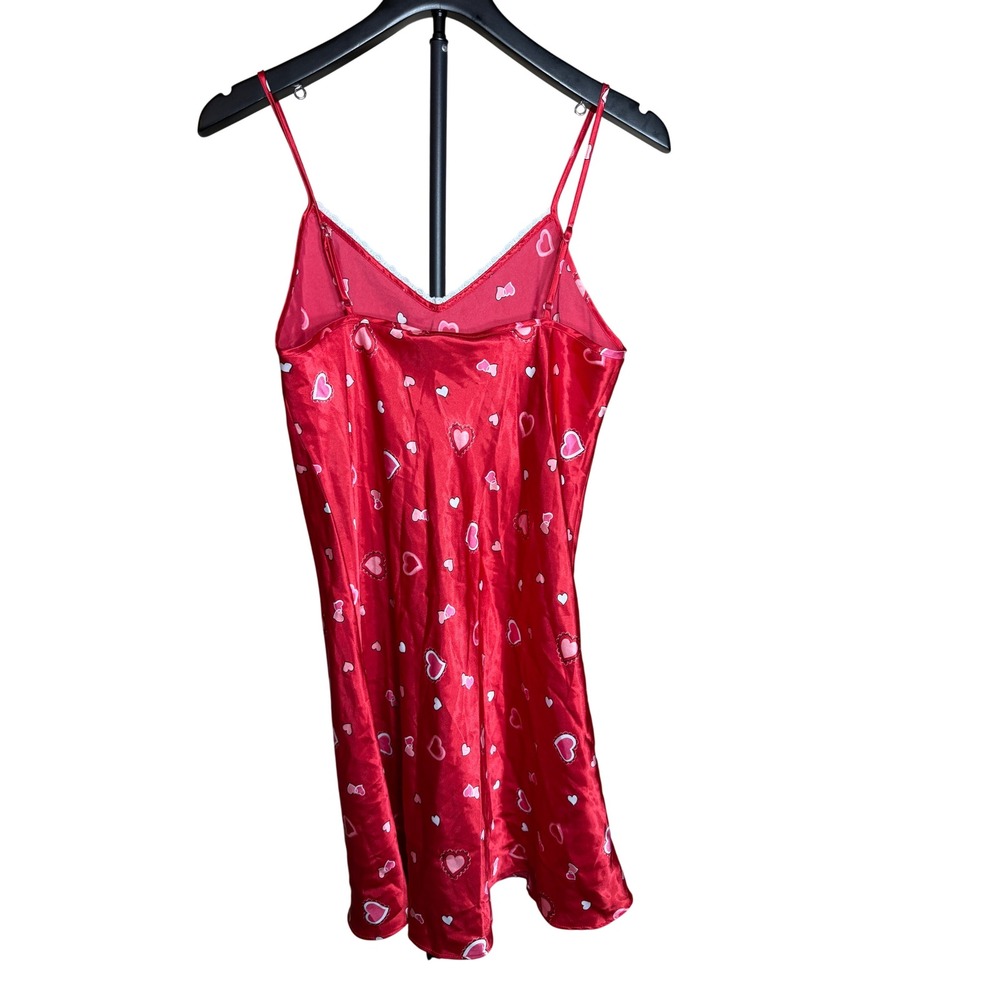 Fashion Bug Red Satin Heart Print Lace Trim Chemise Nightgown Medium - Picture 6 of 6